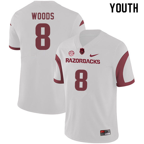 Youth #8 Mike Woods Arkansas Razorbacks College Football Jerseys Sale-White - Click Image to Close
